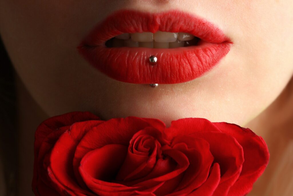 A woman wearing red lipstick 