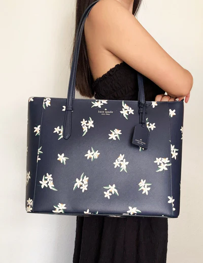 Kate Spade Schuyler Medium Leather Tote Bag Lily Blooms Floral Parisian Blue