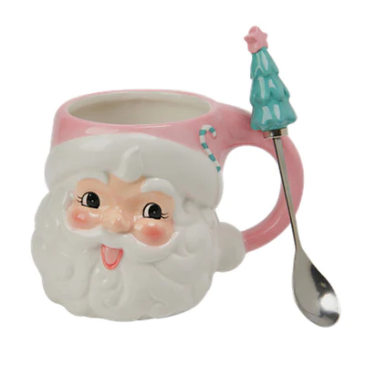 Pink Santa Head Mug With Spoon
