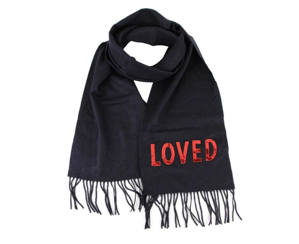 Gucci Black Silk / Cashmere Long Scarf With Red Sequin "LOVED"